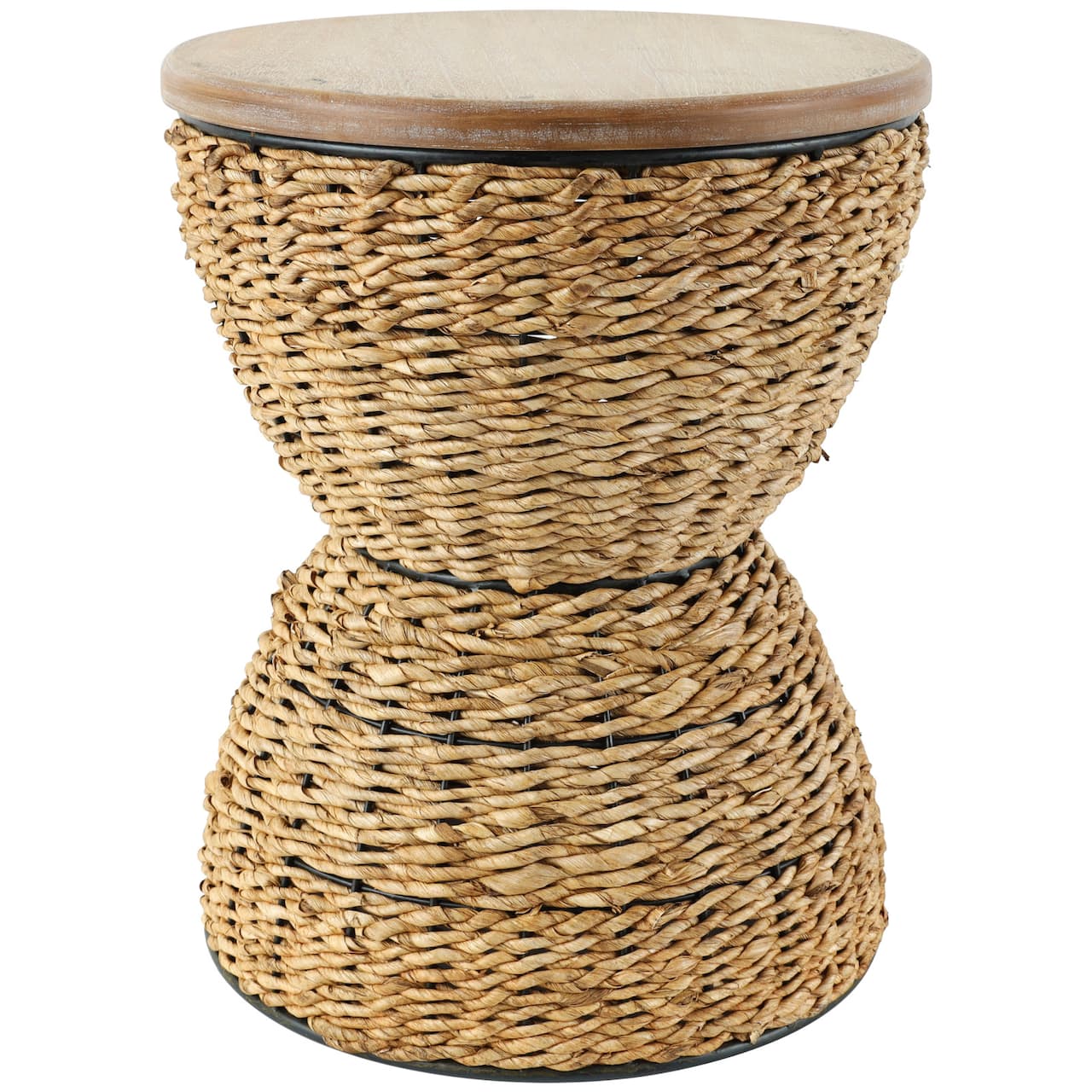 19" Rattan Woven Stool with Wood Tabletop and Black Frame